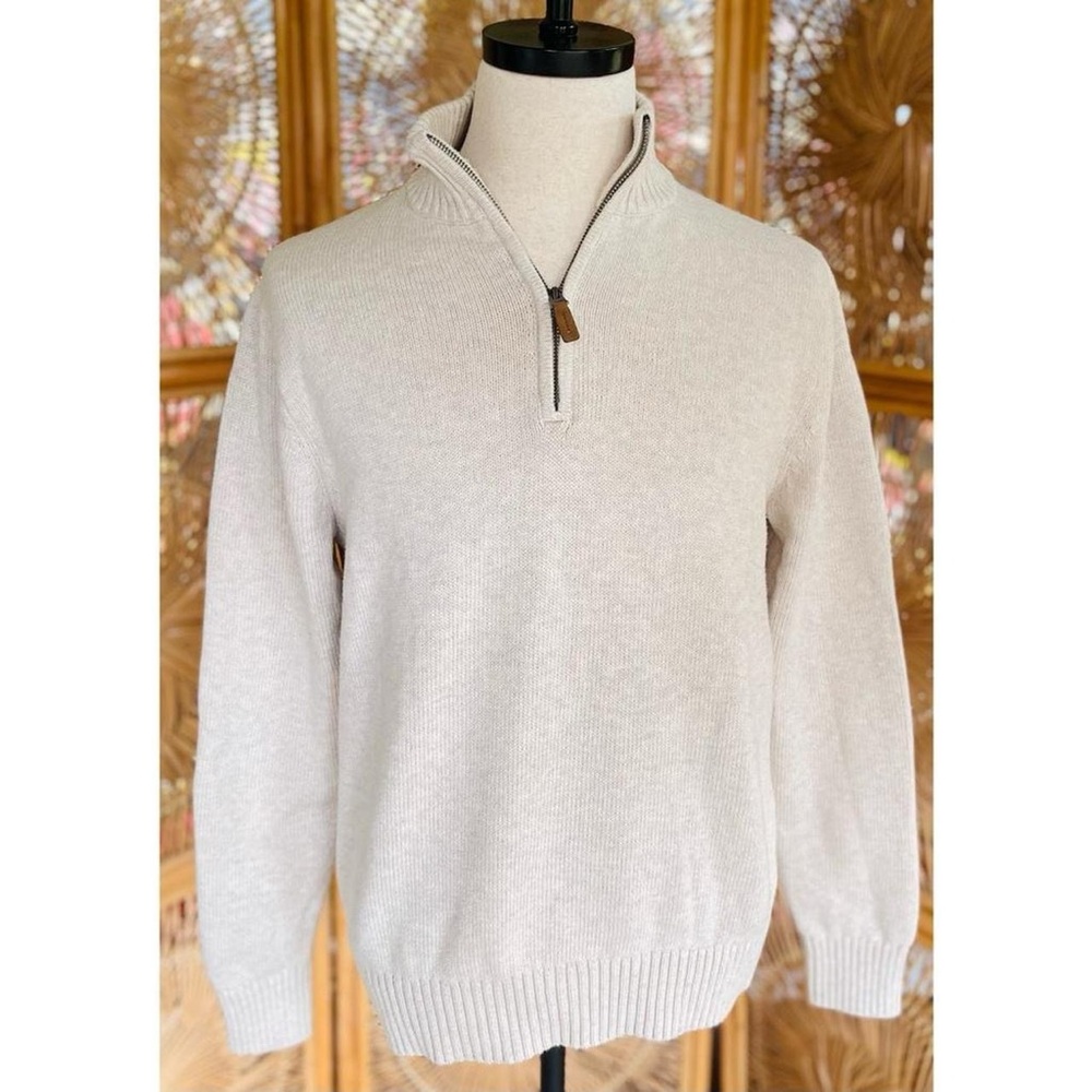 St. John’s Bay Cream Tone Quarter Zip Mockneck Cotton Knit Sweater M - Picture 2 of 5
